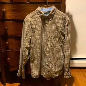 Woolrich khaki and cream plaid shirt.